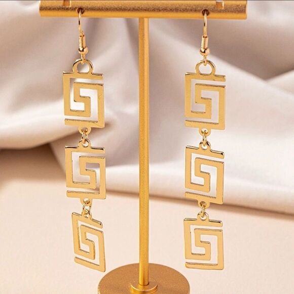 Greek Key Alloy Gold Plated Dangle Drop Earrings - Picture 6 of 9